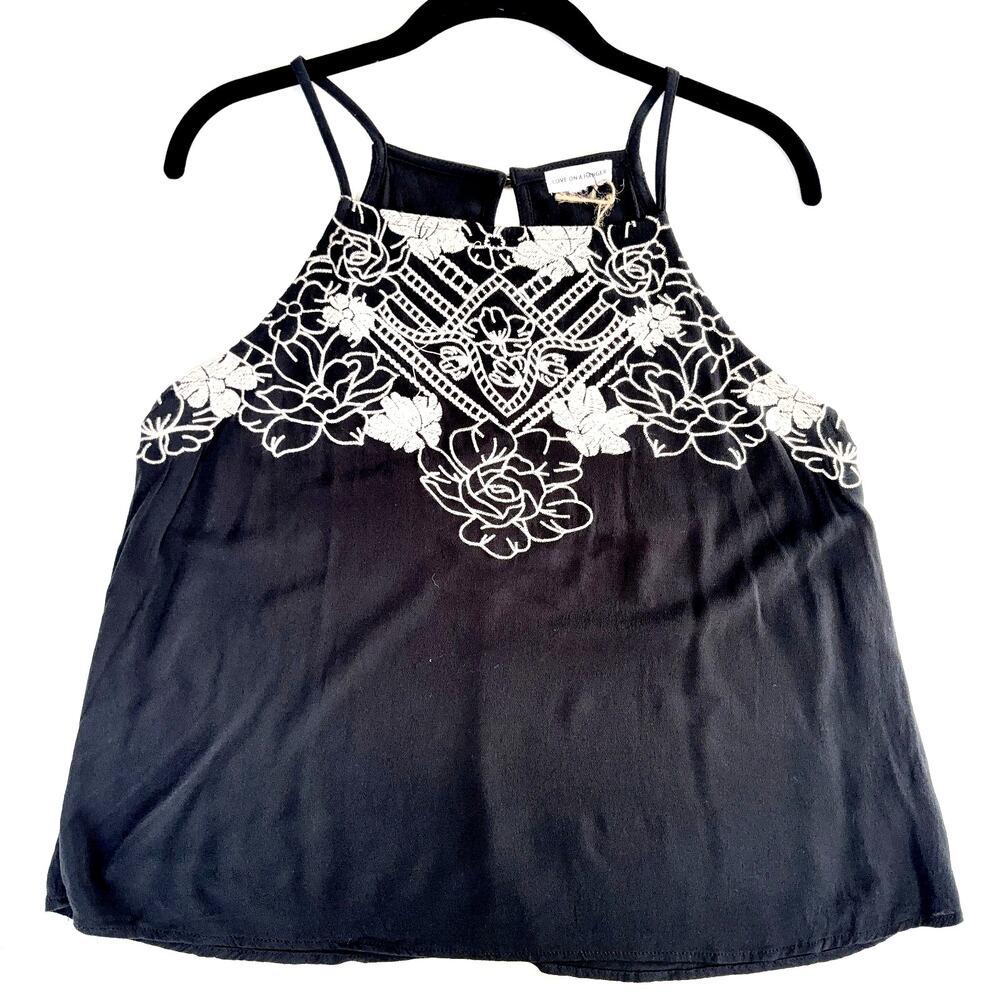 Love on a Hanger Womens Medium Black Embroidered Tank Top Boho Chic Sleeveless